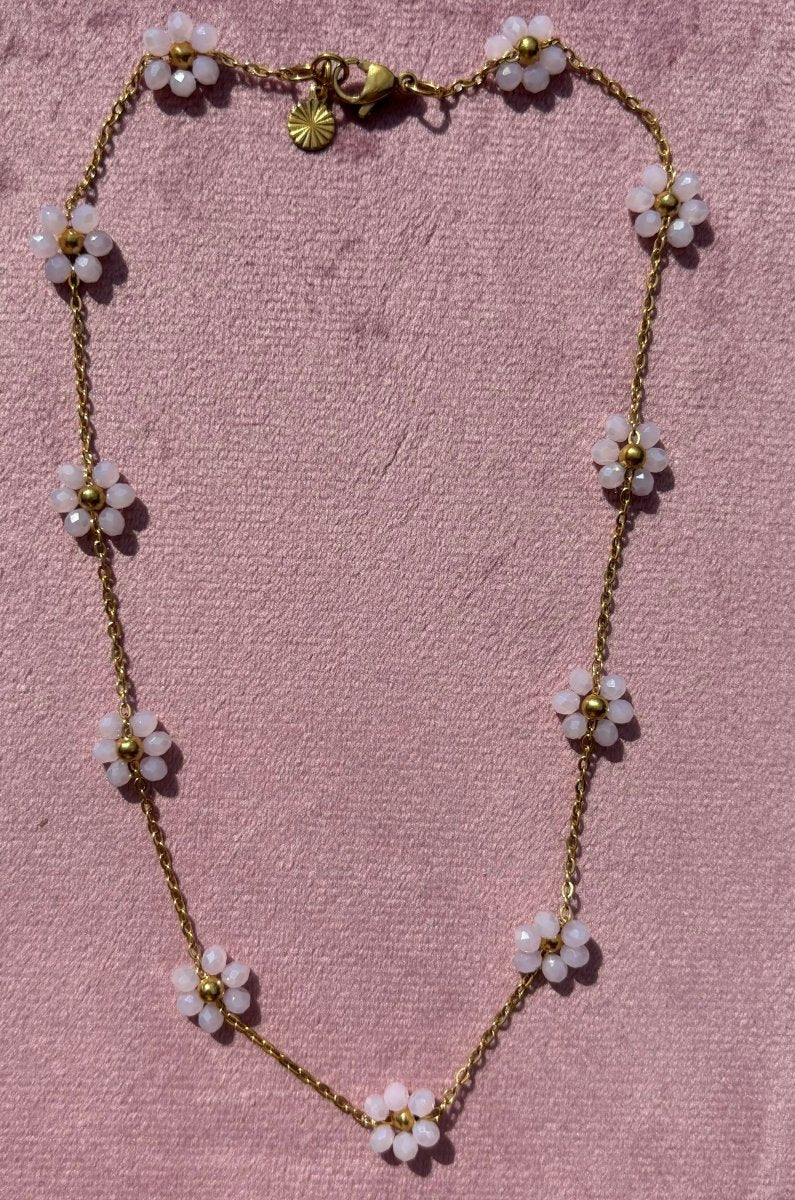 Trendy Ketting Bloom van stainless steel – kleurrijk ontwerp, verkrijgbaar in turquoise, wit, roze, en donkerblauw, perfect met Bloom armbanden