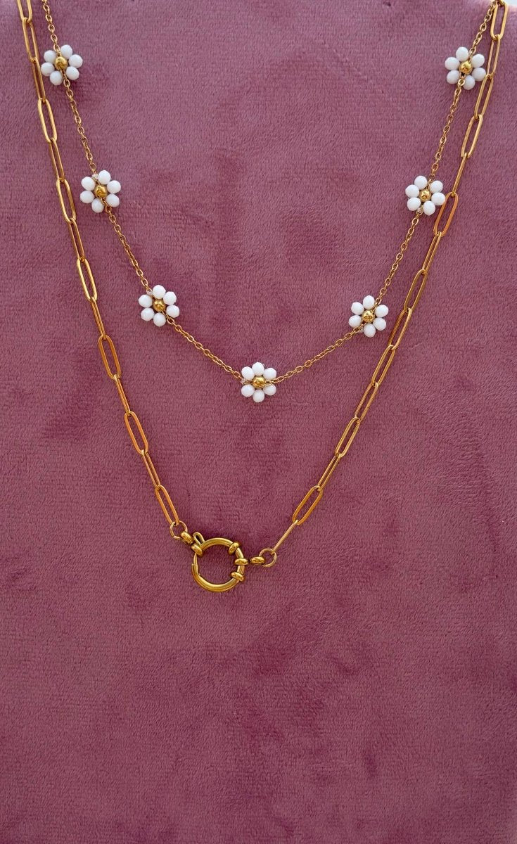 Trendy Ketting Bloom van stainless steel – kleurrijk ontwerp, verkrijgbaar in turquoise, wit, roze, en donkerblauw, perfect met Bloom armbanden