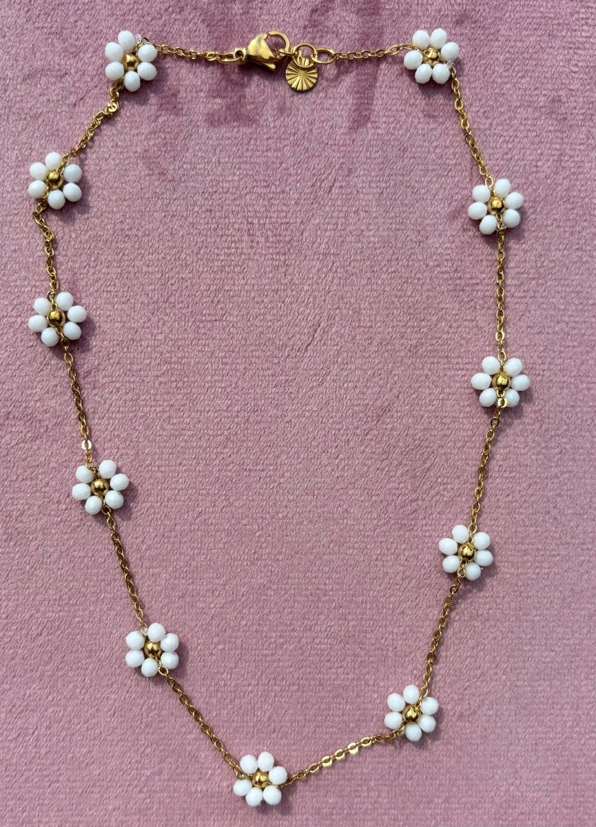 Trendy Ketting Bloom van stainless steel – kleurrijk ontwerp, verkrijgbaar in turquoise, wit, roze, en donkerblauw, perfect met Bloom armbanden